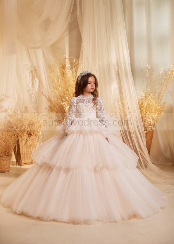 High Neck Ivory Beaded Lace Tulle Flower Girl Dress